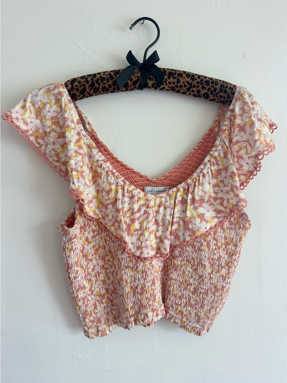 Lost + Wander Peach/Yellow Floral Ruffle Smocked Camisole